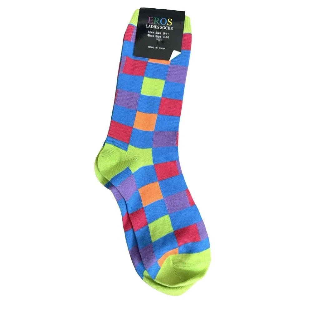 Eros Womens Colorful Crew Socks 6 Pairs Neon Argyle Leopard Zebra Size 9-11 New